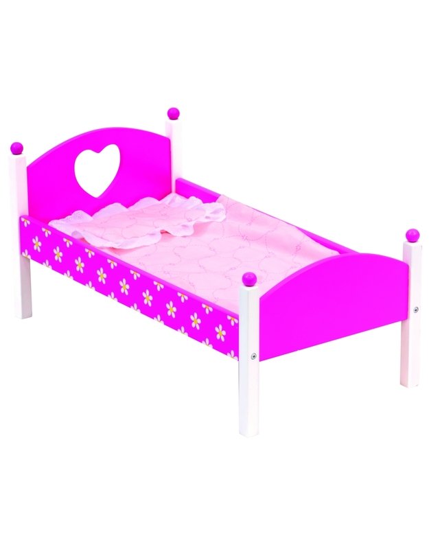 Mediinė rožinė lėlės lovytė su patalyne